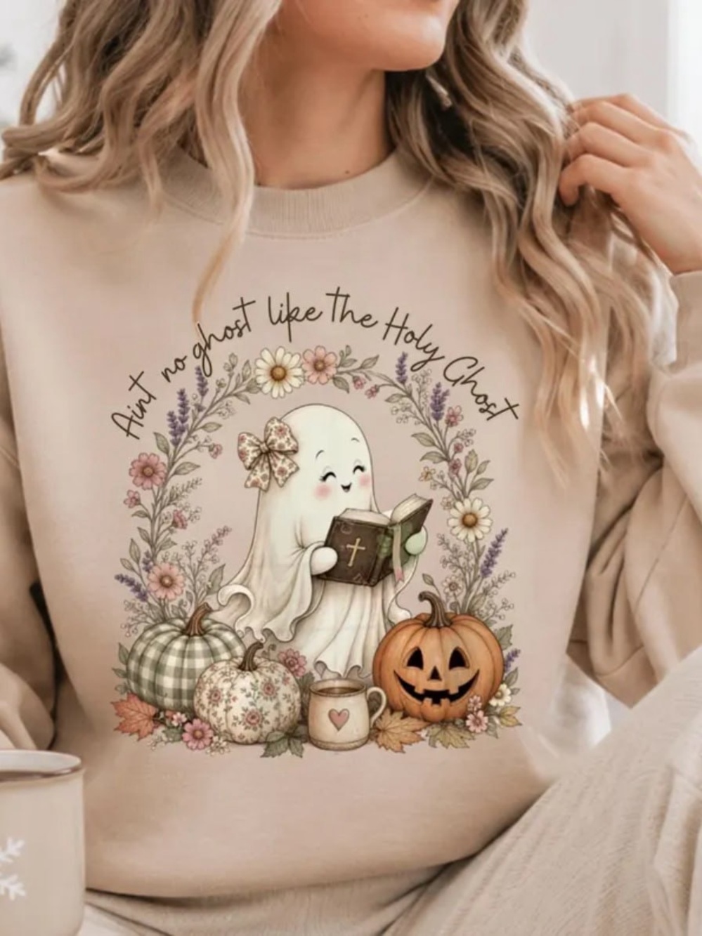 Cream Halloween Ghost Graphic Sweatshirt
